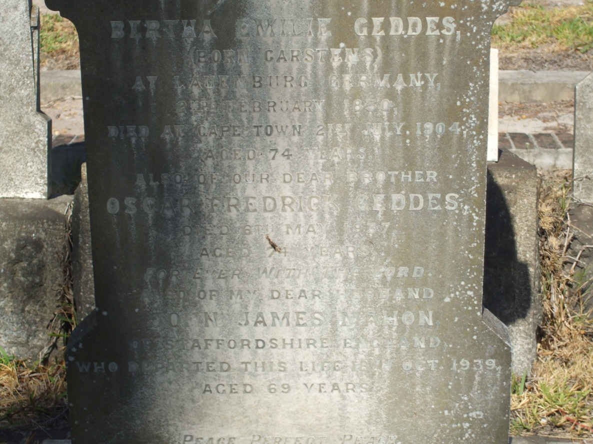 GEDDES Bertha Emilie nee CARSTENS 1830-1904 :: GEDDES Oscar Fredrick -1937 :: MAHON John James 1939