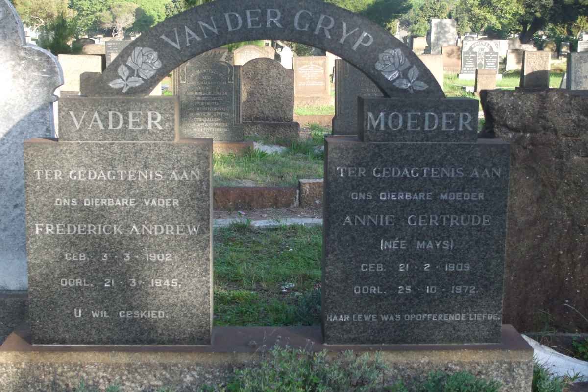 GRYP Frederick Andrew, van der 1902-1945 &amp; Annie Gertrude MAYS 1909-1972