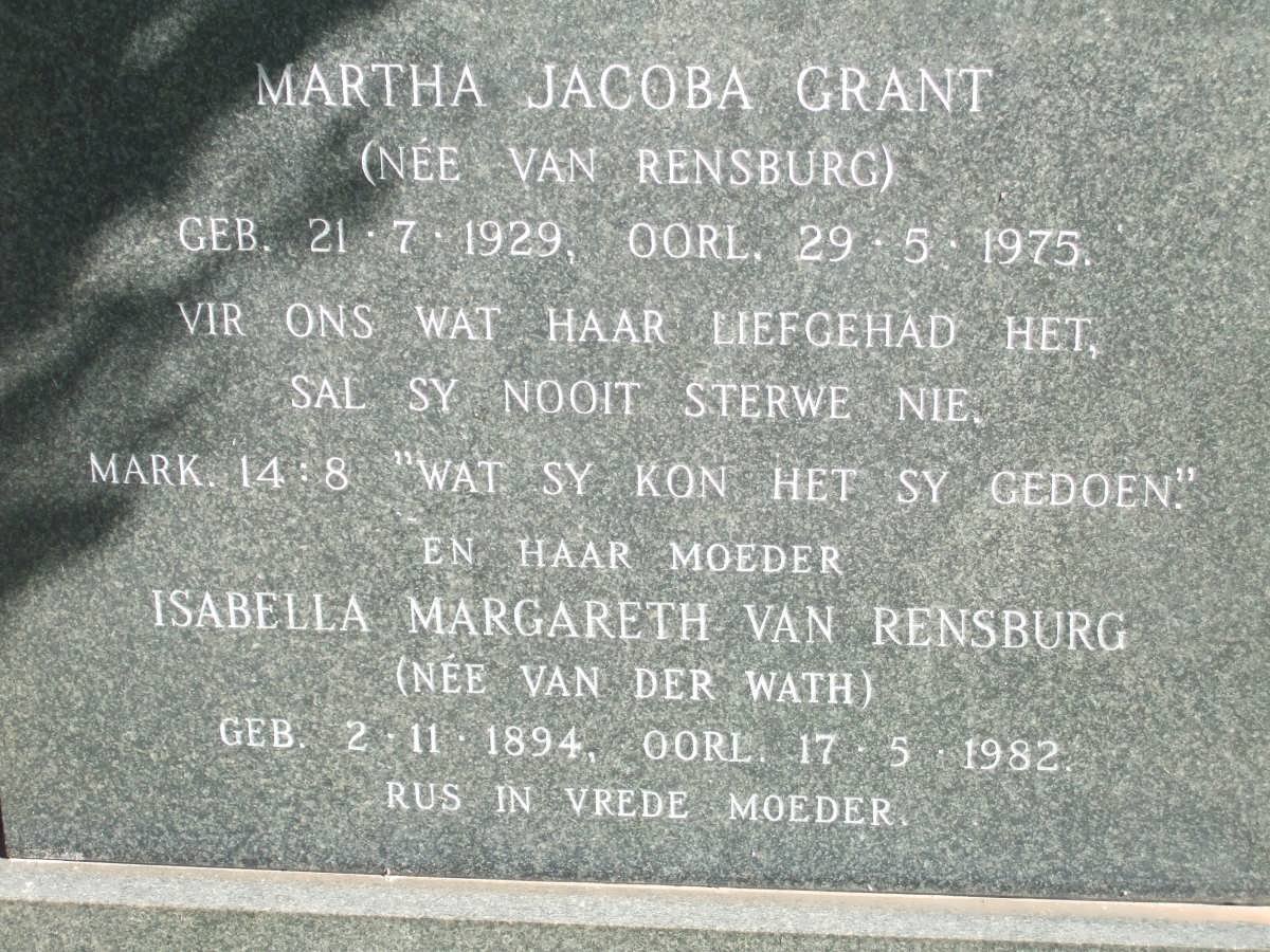 GRANT Martha Jacoba nee VAN RENSBURG 1929-1975 :: RENSBURG Isabella Margareth, van nee VAN DER WATH 1894-1982
