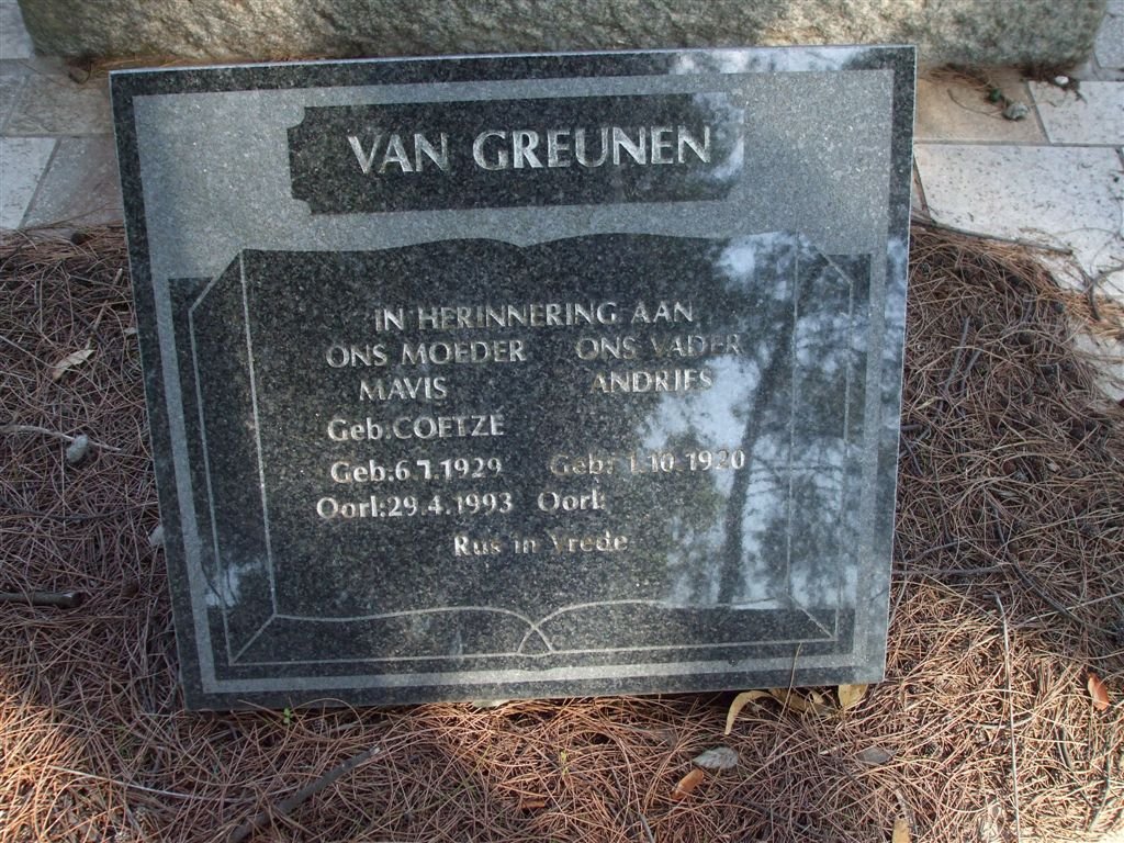 GREUNEN Andries 1920- &amp; Mavis COETZE 1929-1993
