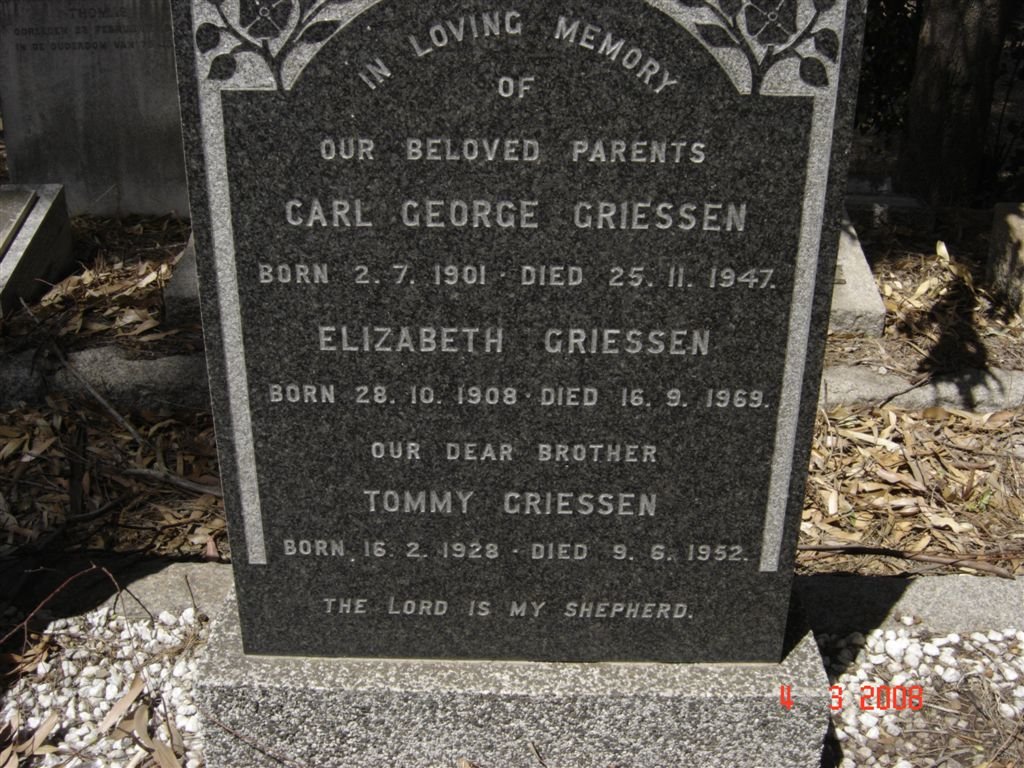 GRIESSEN Carl George 1901-1947 &amp; Elizabeth 1908-1969 :: GRIESSEN Tommy 1928-1952