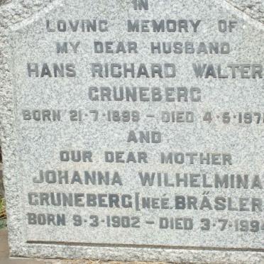 GRUNEBERG Hans Richard Walter 1899-1978 :: GRUNEBERG Johanna Wilhelmina nee BRASLER 1902-1994