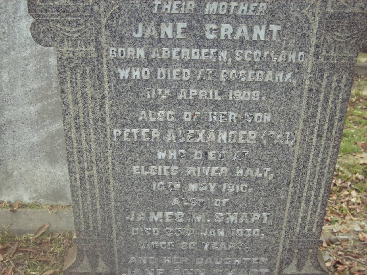 GRANT Jane -1909 :: GRANT Peter Alexander -1910 :: SMART James M. -1930 :: SMART Jane Ann -1960