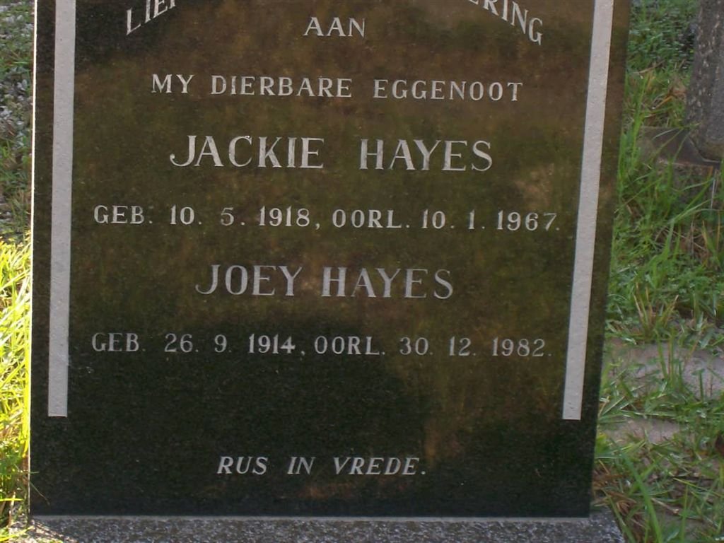 HAYES Jackie 1918-1967 &amp; Joey 1914-1982