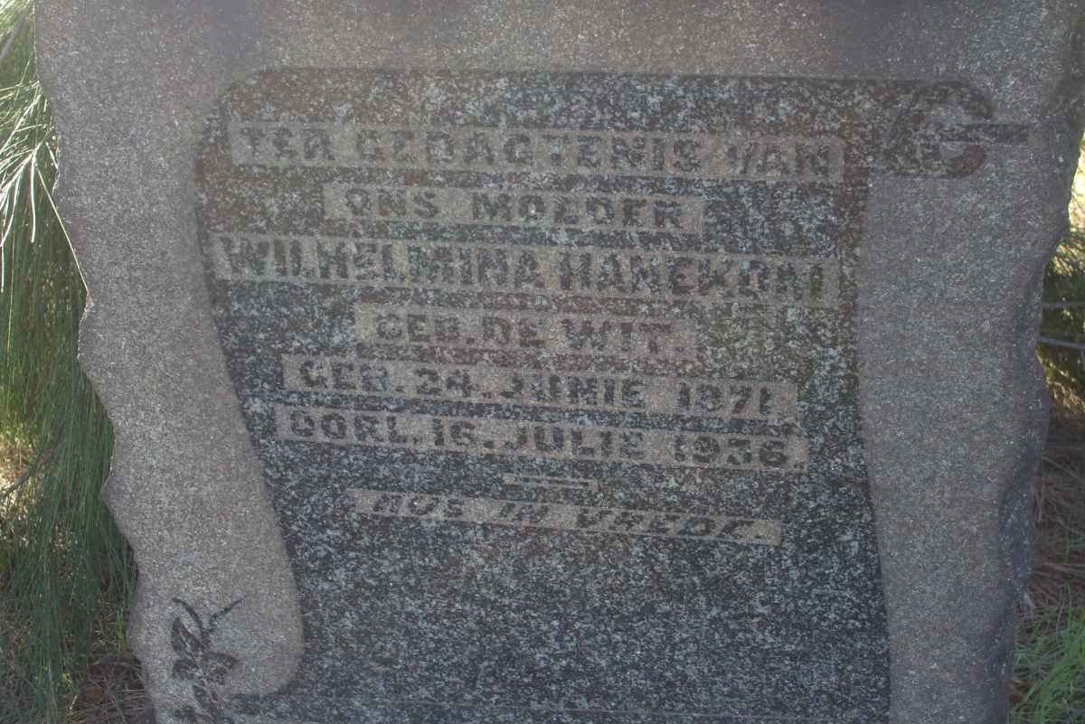 HANEKOM Wilhelmina nee DE WITT 1871-1936