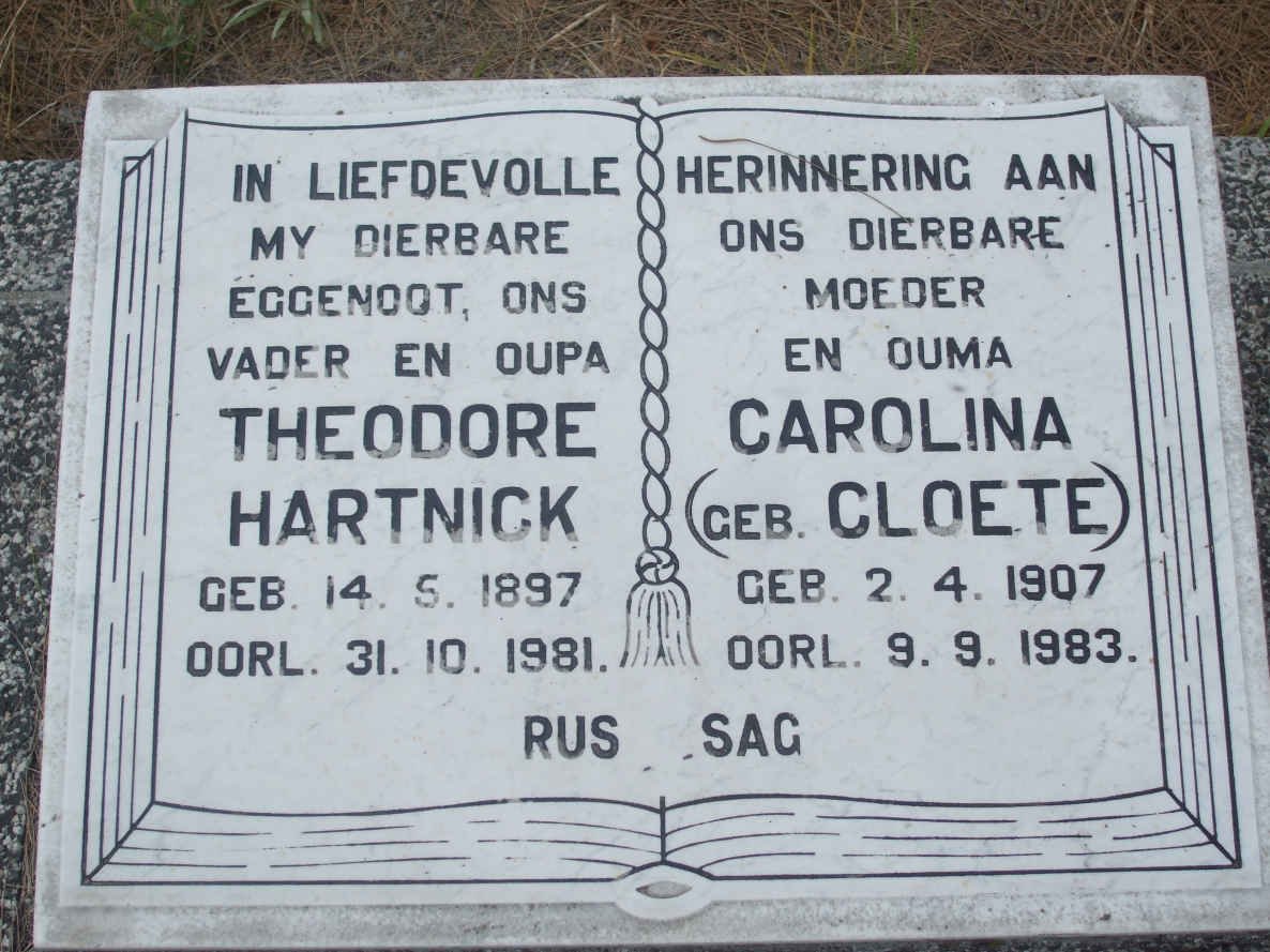 HARTNICK Theodore 1897-1981 &amp; Carolina CLOETE 1907-1983