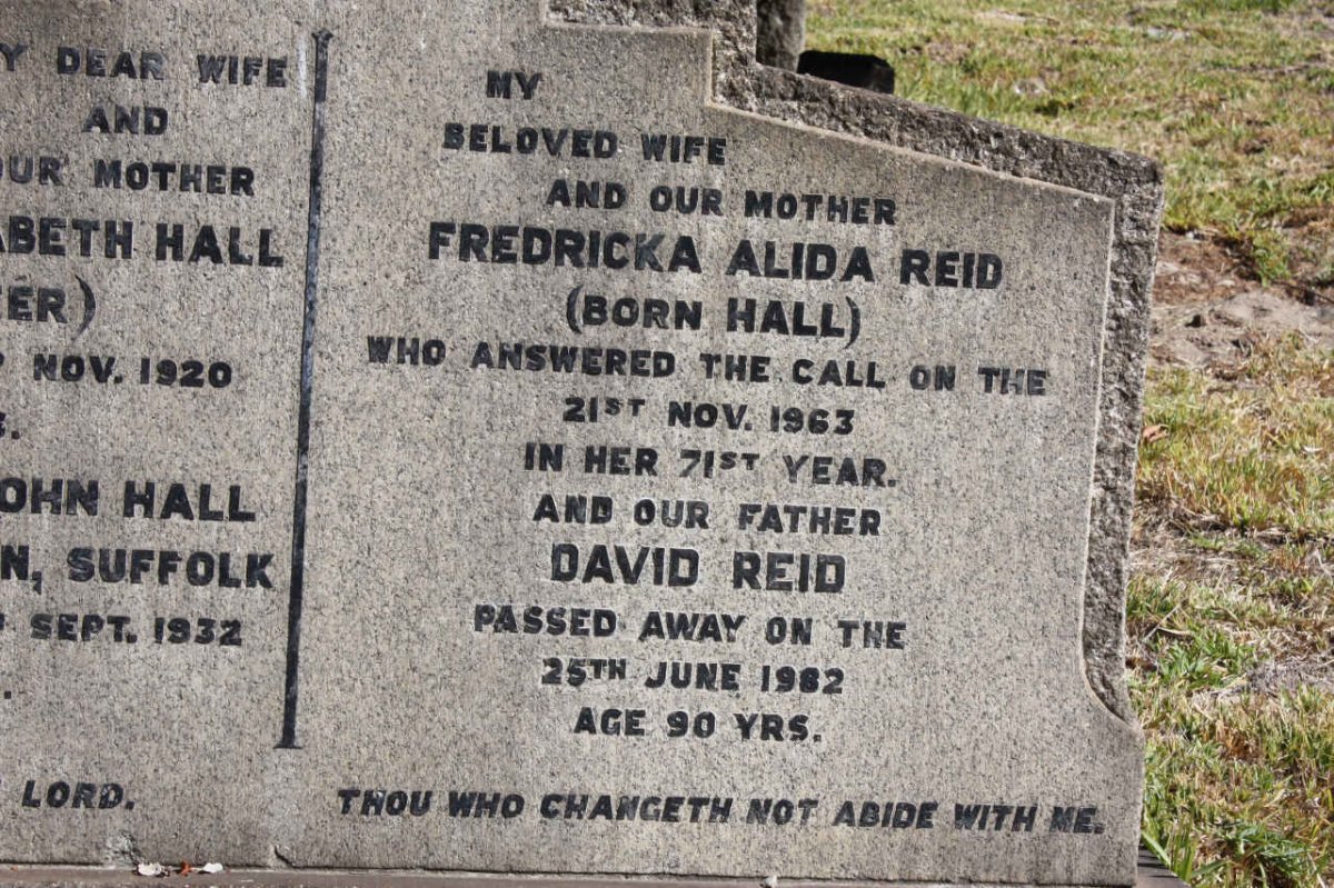 REID David -1982 &amp; Fredricka Alida nee HALL -1963