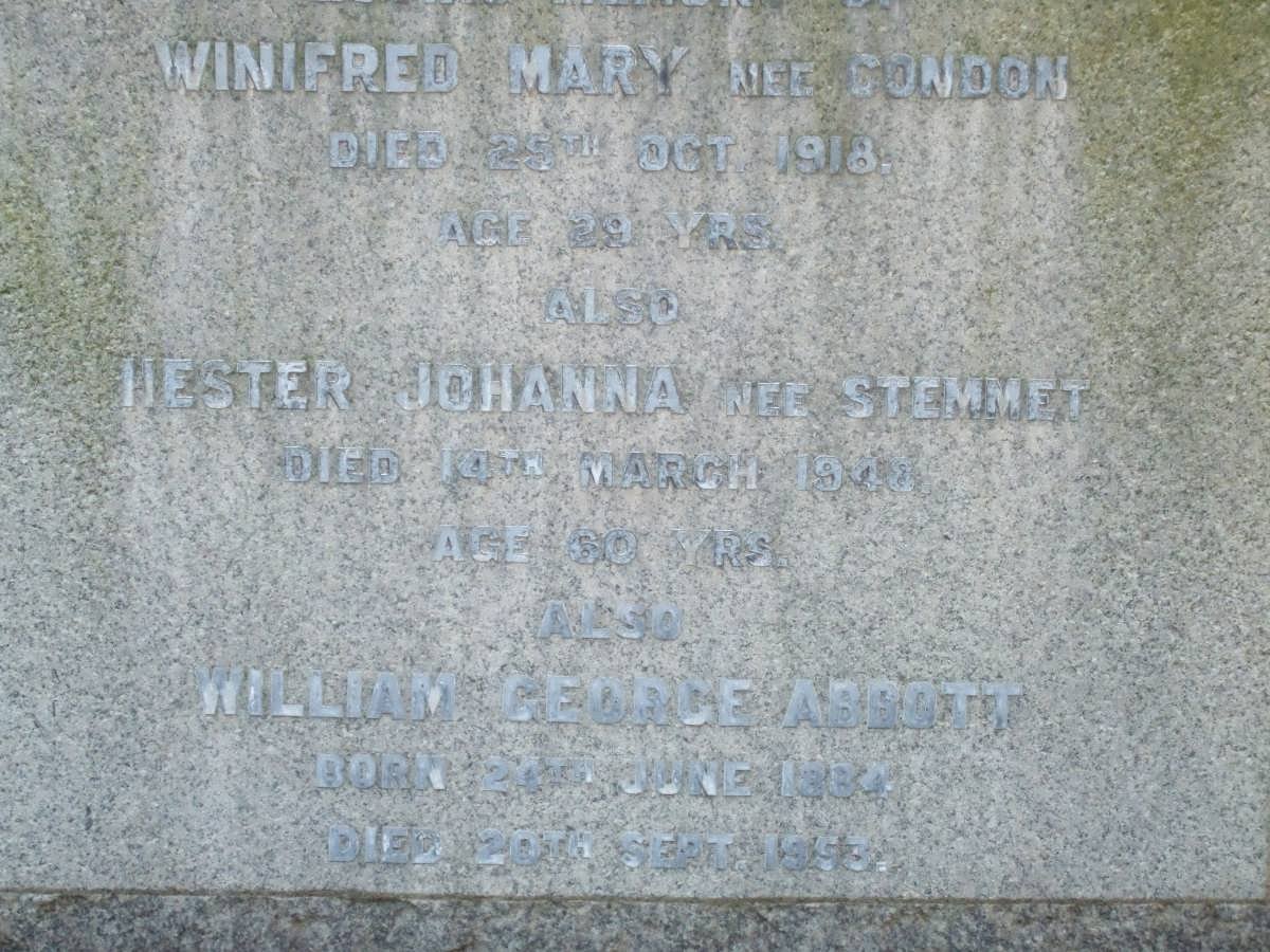 HARRIS William George Abbott 1884-1953 :: HARRIS Winifred Mary nee CONDON -1918 :: HARRIS Hester Johanna nee STEMMET -1948