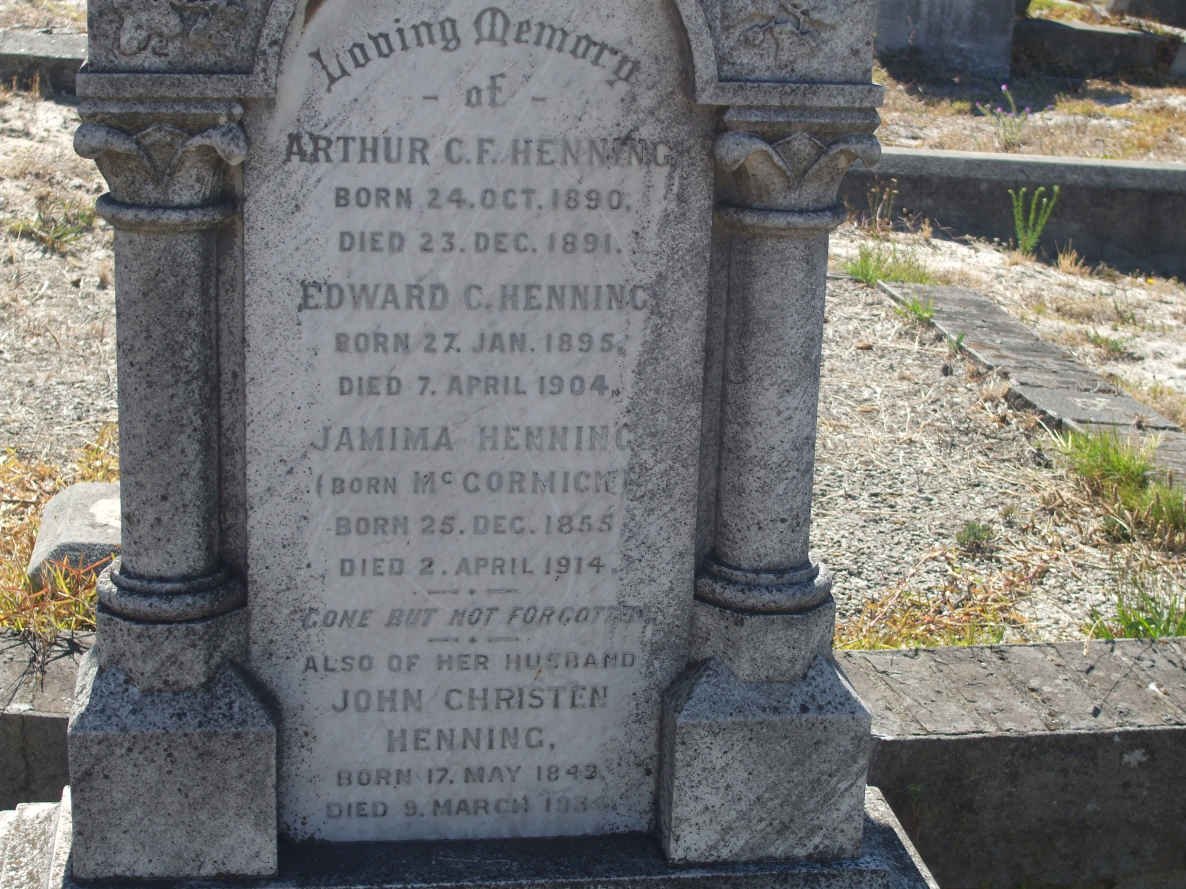 HENNING John Christen 1842-1934 &amp; Jamima McCORMICK 1855-1914 :: HENNING Arthur C.F.1890-1891 :: HENNING Edward C.1895-1904