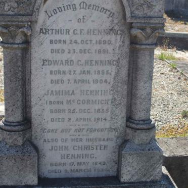 HENNING John Christen 1842-1934 &amp; Jamima McCORMICK 1855-1914 :: HENNING Arthur C.F.1890-1891 :: HENNING Edward C.1895-1904