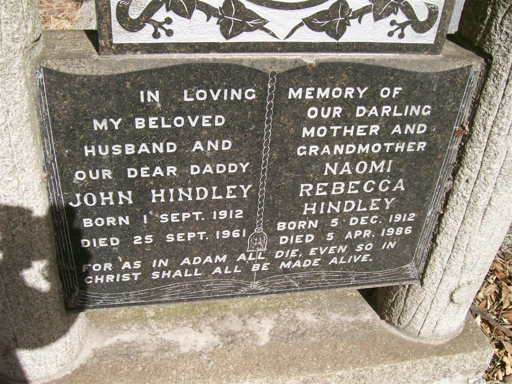 HINDLEY John 1912-1961 &amp; Naomi Rebecca 1912-1986