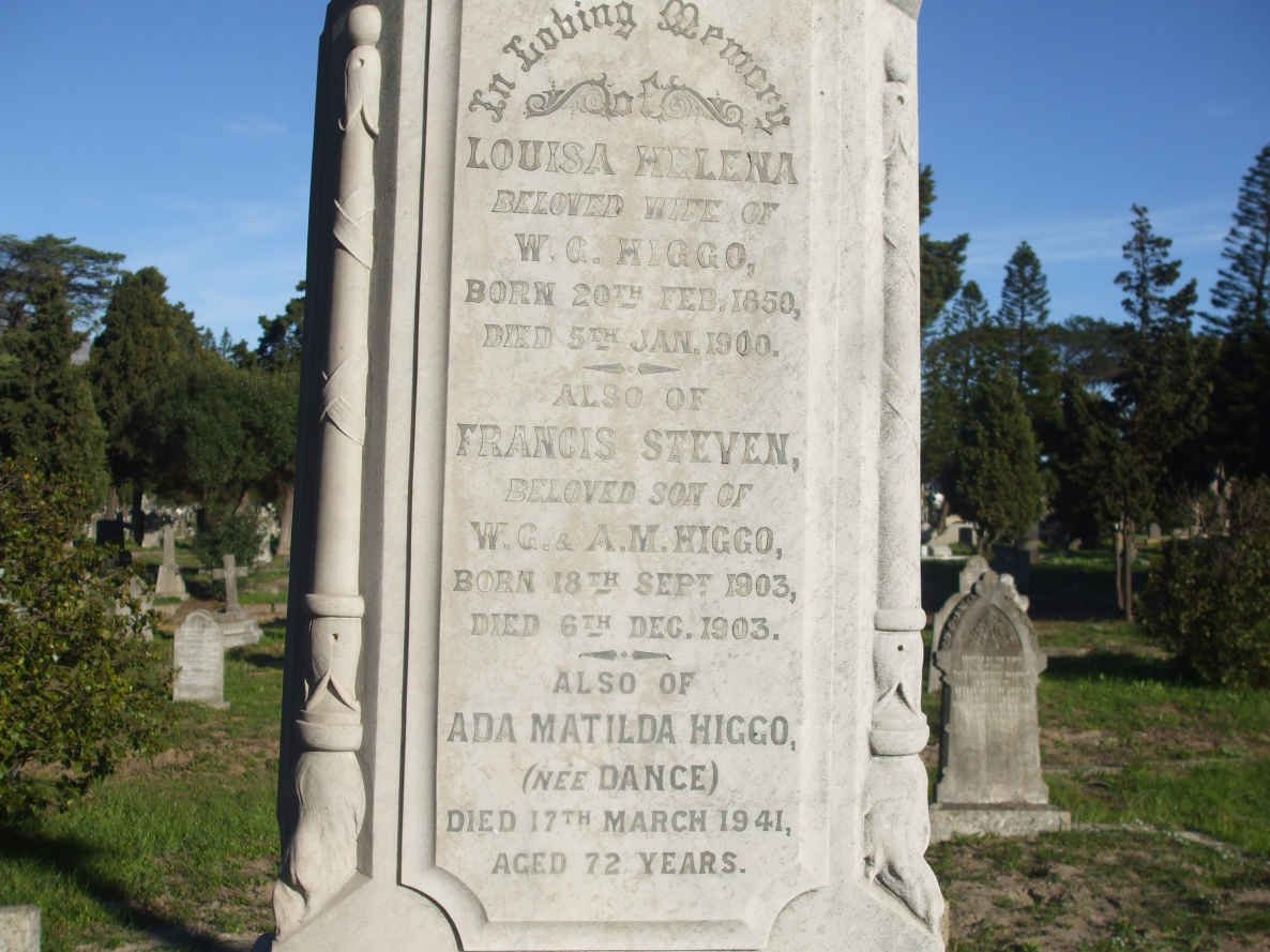 HIGGO Louisa Helena 1850-1900 :: HIGGO Francois Steven 1903-1903 :: HIGGO Ada Matilda nee DANCE -1941
