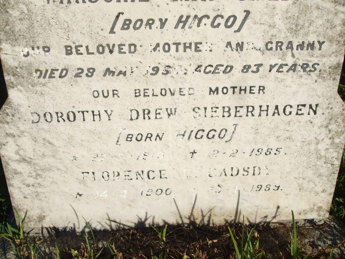 SIEBERHAGEN Dorothy Drew nee HIGGO 1910-1985 :: GADSBY Florence E. 1900-1989
