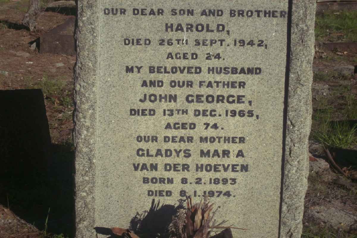 HOEVEN John George, van der -1965 &amp; Gladys Maria 1893-1974 :: VAN DER HOEVEN Harold -1942