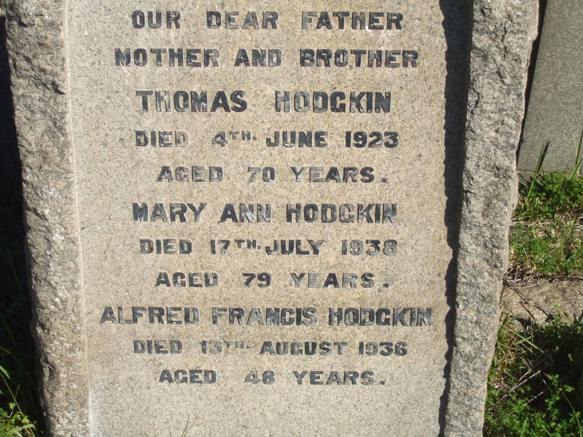 HODGKIN Thomas -1923 &amp; Mary Ann -1938 :: HODGKIN Alfred Francis -1936