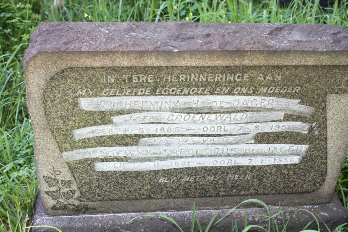 JAGER Lodewyk Theodorus, de 1881-1956 &amp; Wilhelmina H. GROENEWALD 1885-1951