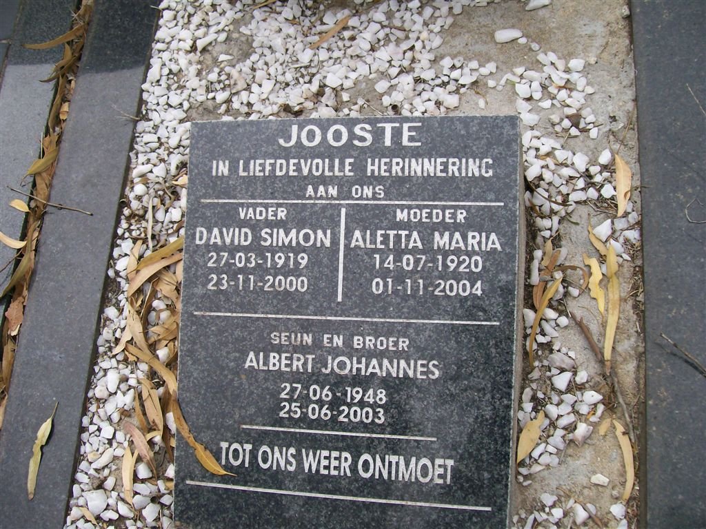JOOSTE David Simon 1919-2000 &amp; Aletta Maria 1920-2004 :: JOOSTE Albert Johannes 1948-2003