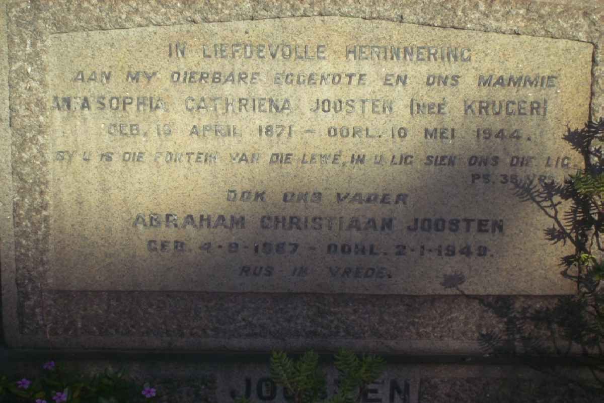 JOOSTEN Abraham Christiaan 1867-1949 &amp; Anna Sophia Cathriena KRUGER 1871-1944