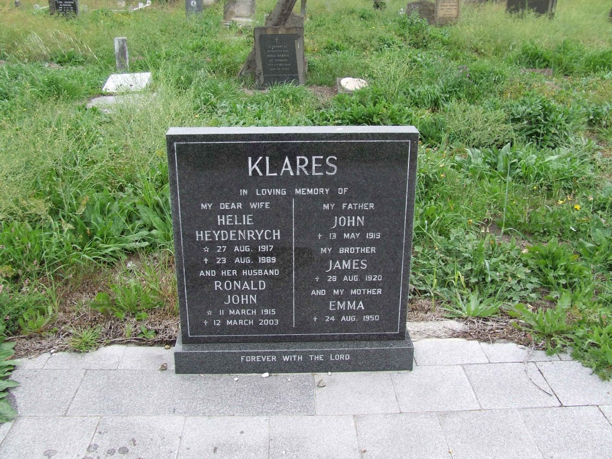 KLARES Ronald John 1915-2003 &amp; Helie HEYDENRYCH 1917-1989 :: KLARES John -1919 &amp; Emma -1950 :: KLARES James -1920