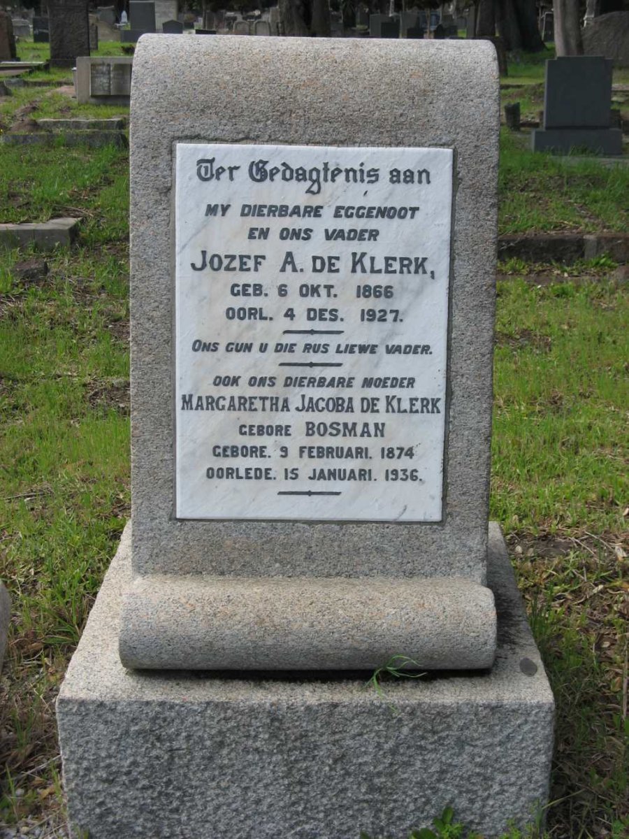 KLERK Jozef A., de 1866-1927 &amp; Margaretha Jacoba BOSMAN 1874-1936