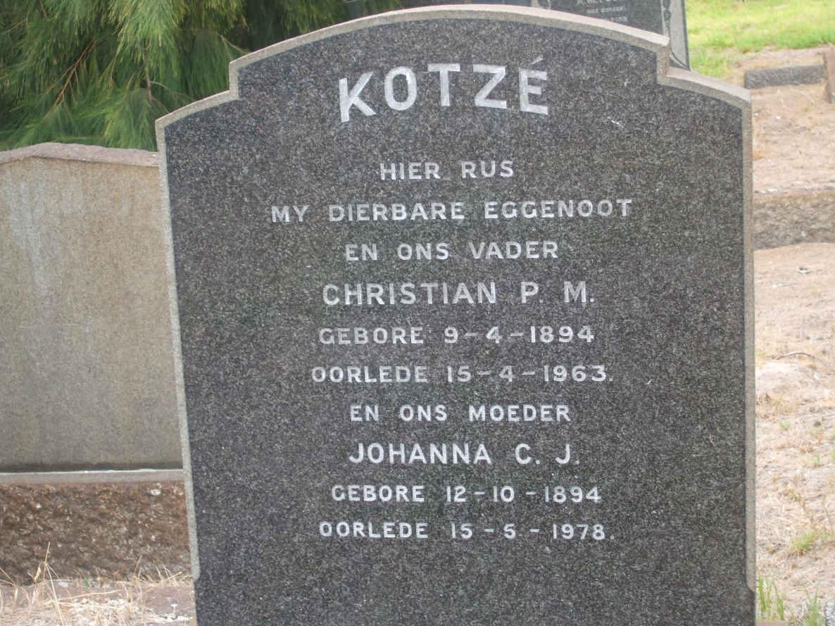 KOTZE Christian P.M. 1894-1963 &amp; Johanna C.J. 1894-1978