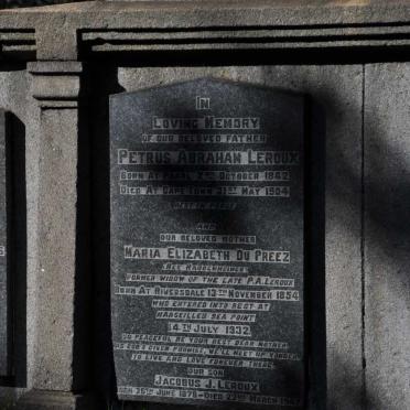LEROUX Petrus Abraham 1842-1904 &amp; Maria Elizabeth DU PREEZ nee RAUBENHEIMER 1854-1932