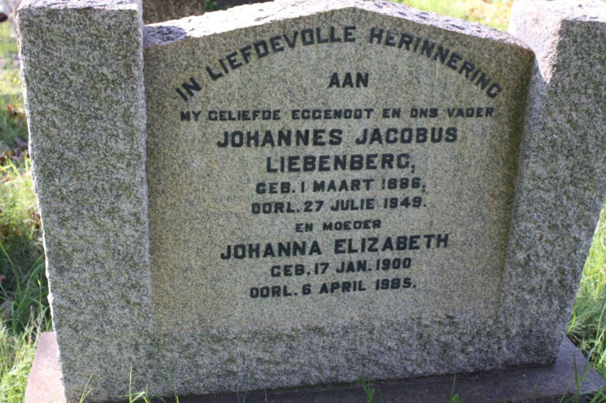 LIEBENBERG Johannes Jacobus 1886-1949 &amp; Johanna Elizabeth 1900-1985