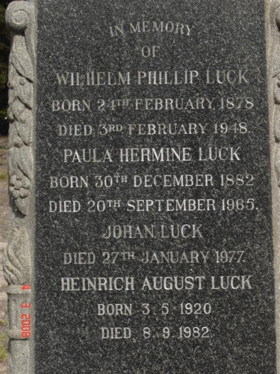 LUCK Wilhelm Phillip 1878-1948 &amp; Paula Hermine 1882-1965 :: LUCK Johan -1977 :: LUCK Heinrich August 1920-1982