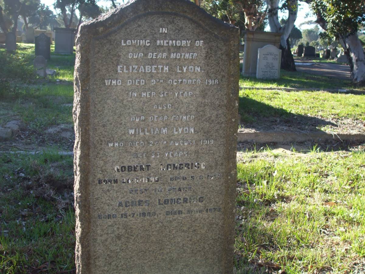 LYON William -1919 :: LYON Elizabeth -1916 :: LONGRIGG Robert 1899-1973 :: LONGRIGG Agnes 1900-1973