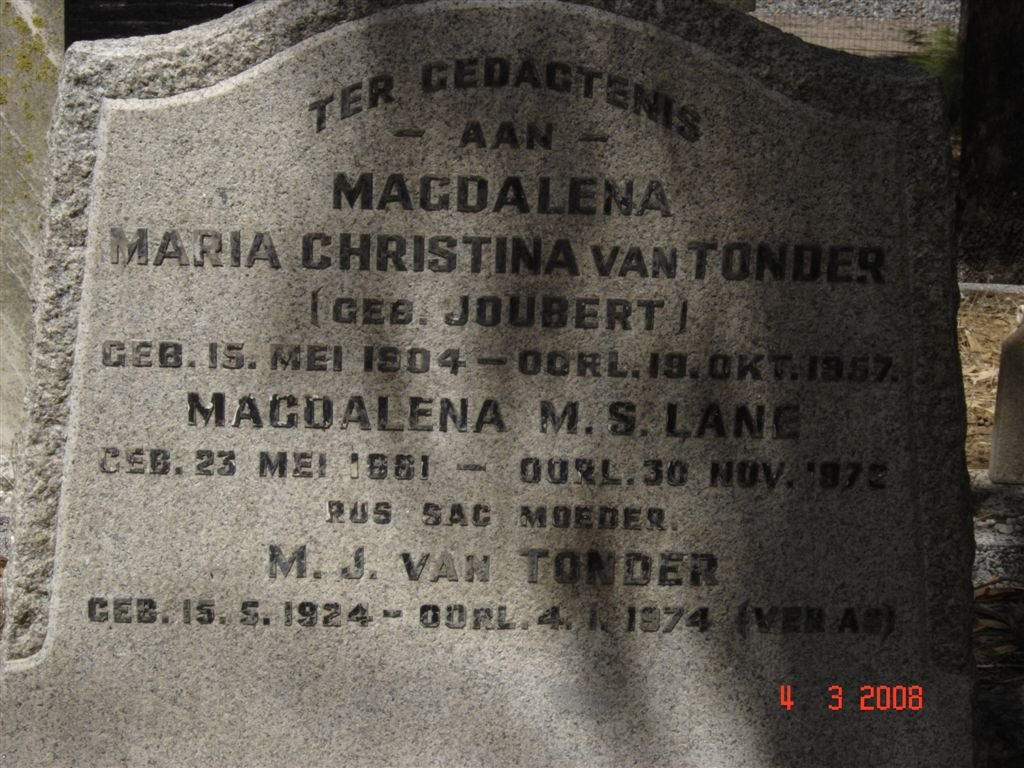 LANE Magdalena M.S. 1881-1972 :: VAN TONDER Magdalena Maria Christina JOUBERT 1904-1957