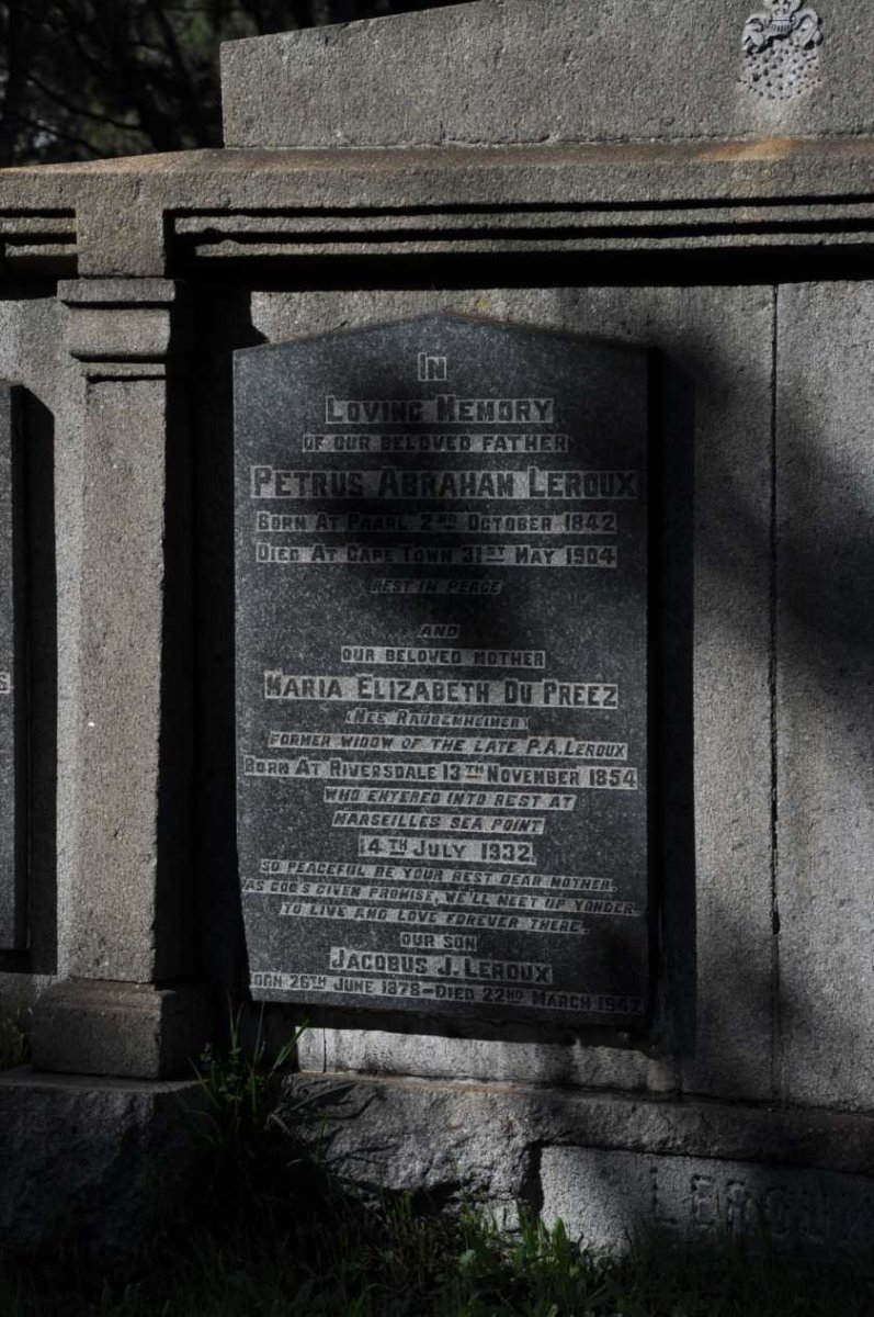 LEROUX Petrus Abraham 1842-1904 &amp; Maria Elizabeth DU PREEZ nee RAUBENHEIMER 1854-1932