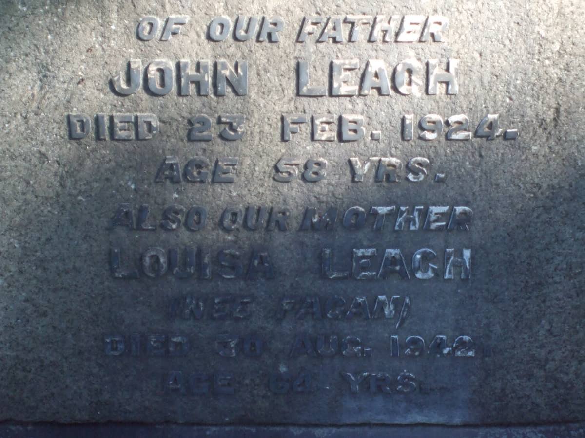 LEACH John -1924 &amp; Louisa FAGAN -1942