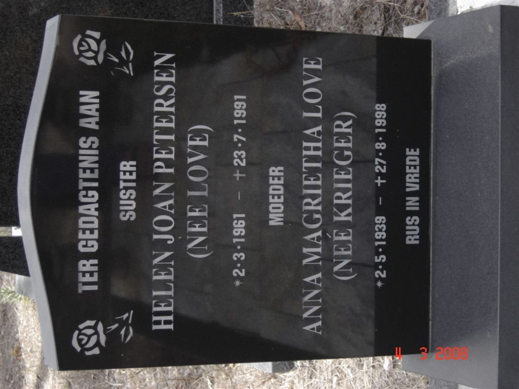 LOVE Anna Magrietha nee KRIEGER 1939-1998 :: PETERSEN Helen Joan nee LOVE 1961-1991