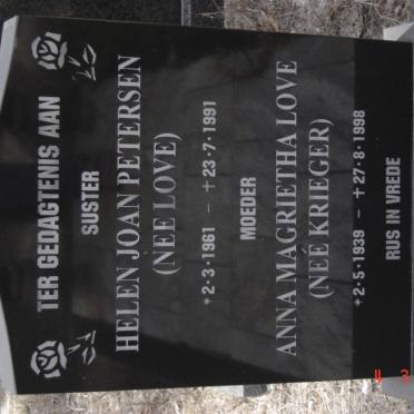 LOVE Anna Magrietha nee KRIEGER 1939-1998 :: PETERSEN Helen Joan nee LOVE 1961-1991
