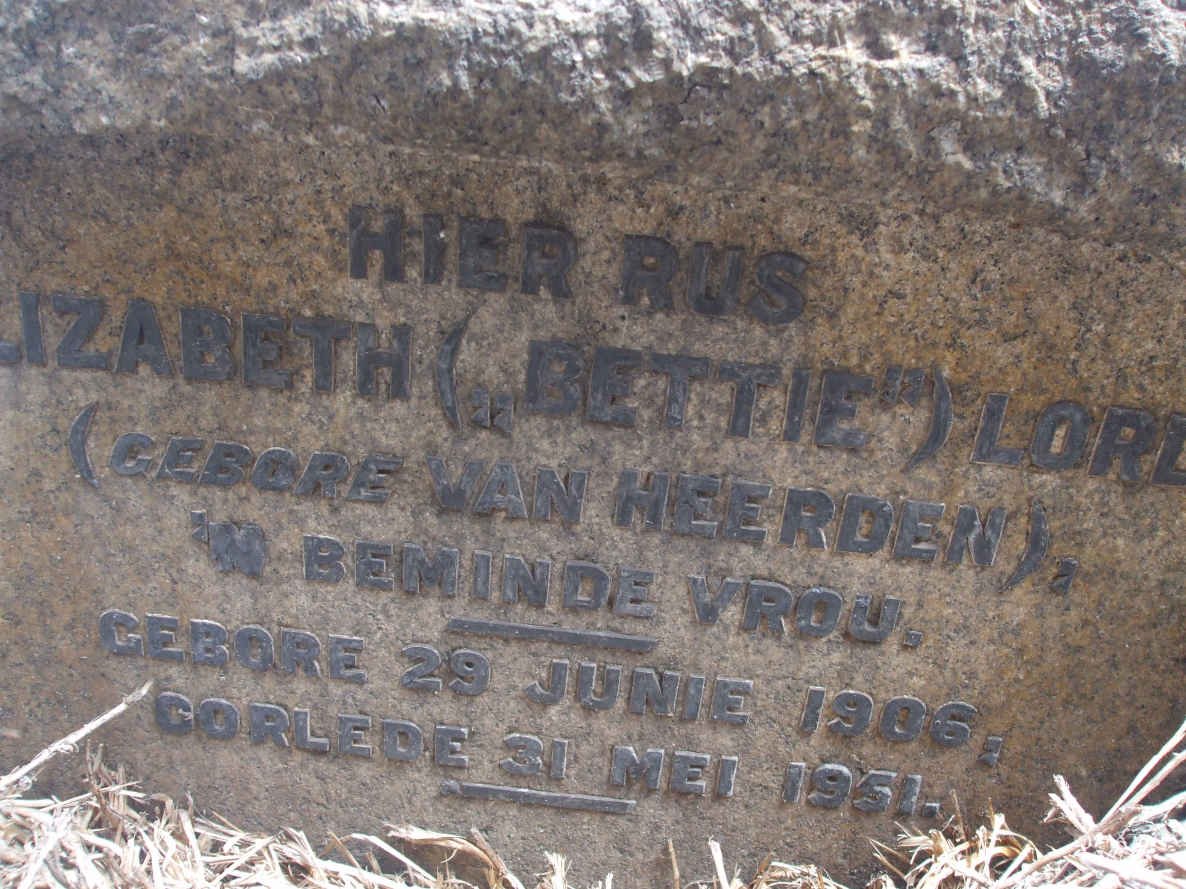 LORD Elizabeth nee Van HEERDEN  1906-1951