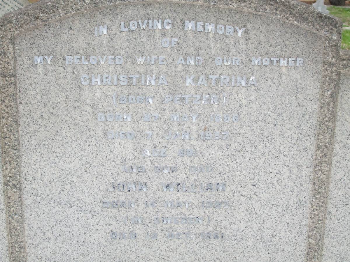 LUNDBERG John William 1895-1961 &amp; Christina Katrina PETZER 1896-1957