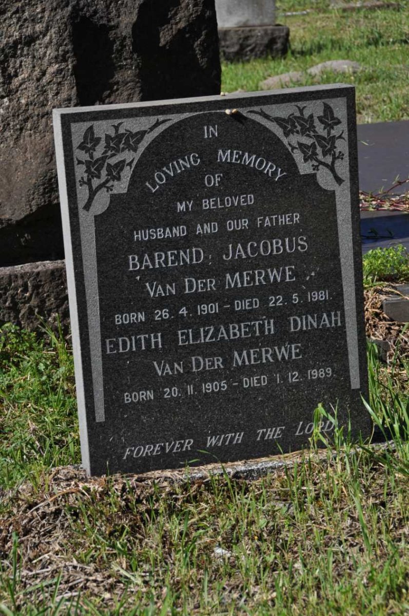 MERWE Barend Jacobus, van der 1901-1981 &amp; Edith Elizabeth Dinah 1905-1989