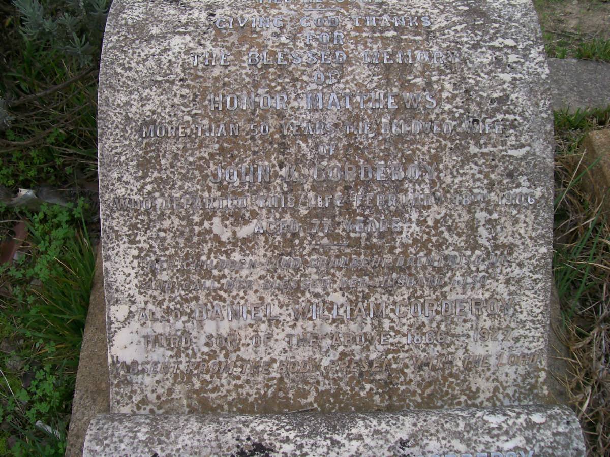 MATTHEWS Honor -1906 :: CORDEROY Daniel William 1866-1927