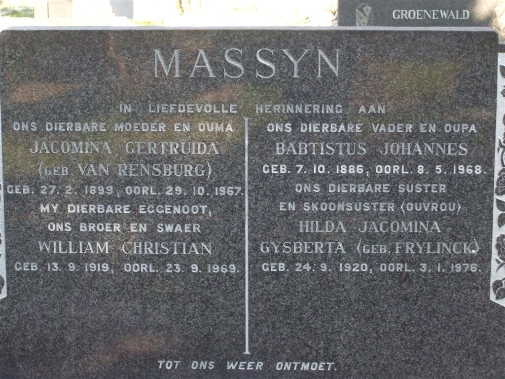 MASSYN Babtistus Johannes 1886-1968 &amp; Jacomina Gertruida VAN RENSBURG 1899-1967