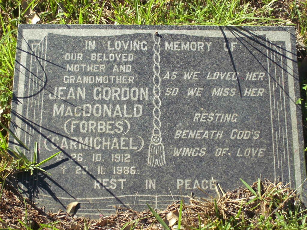 CARMICHAEL Jean Gordon formerly MacDONALD nee FORBES 1912-1986