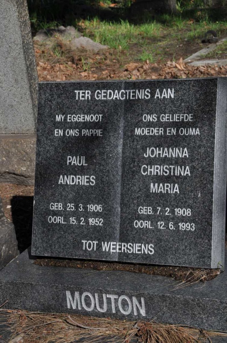 MOUTON Paul Andries 1906-1952 &amp; Johanna Christina Maria 1908-1993