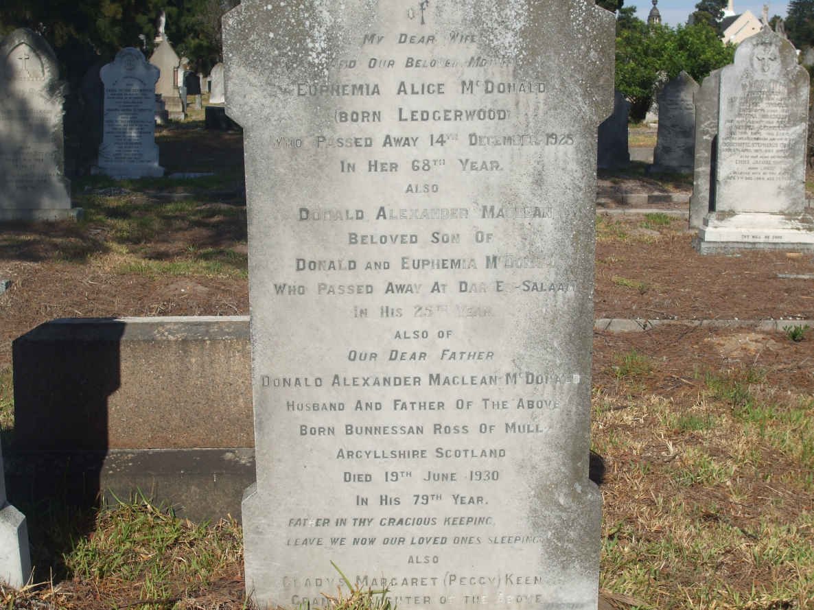 McDONALD Euphemia Alice nee LEDGERWOOD -1925 :: McDONALD Donald Alexander Maclean ? :: McDONALD Donald Alexander Maclean -1930