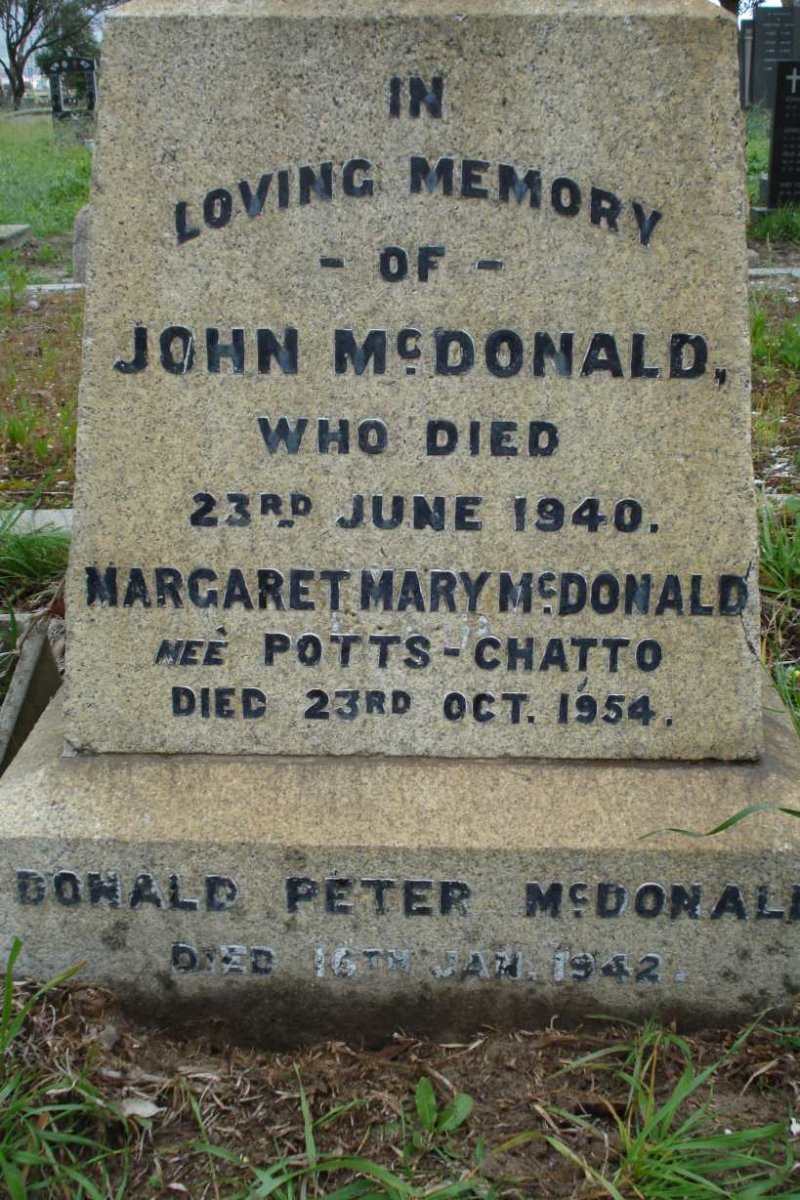 McDONALD John -1940 :: McDONALD Margaret Mary nee POTTS-CHATTO -1954 :: McDONALD Donald Peter -1942