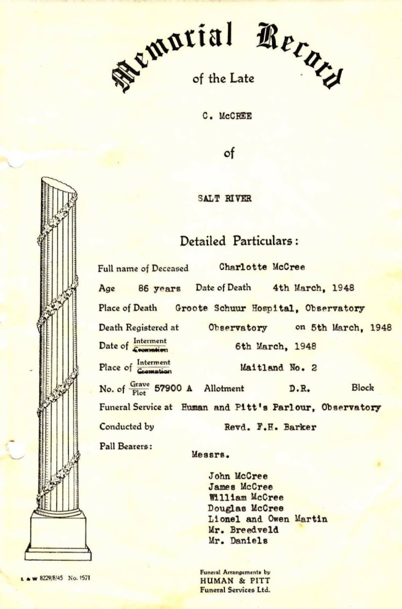 3. Memorial record C. McCREE -1948