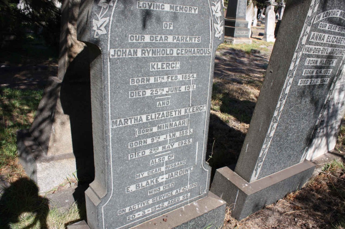 KLERCK Johan Rynhold Gerhardus 1854-1911 &amp; Martha Elizabeth MINNAAR 1855-1925 :: JARDINE E., Blake -1942