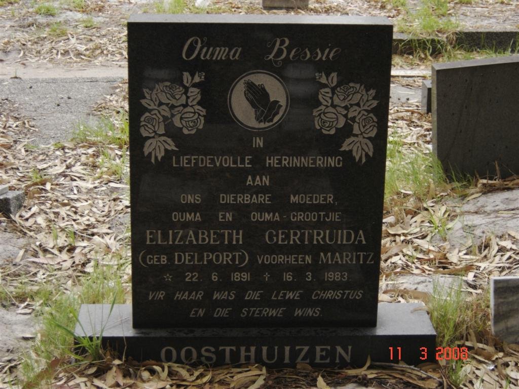 OOSTHUIZEN Elizabeth Gertruida formerly MARITZ nee DELPORT 1891-1983
