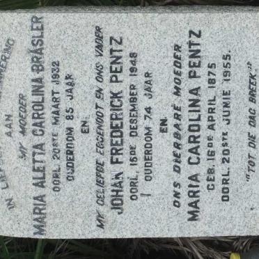 PENTZ Johan Frederick -1948 &amp; Maria Carolina 1875-1955 :: BRÄSLER Maria Aletta Carolina -1932