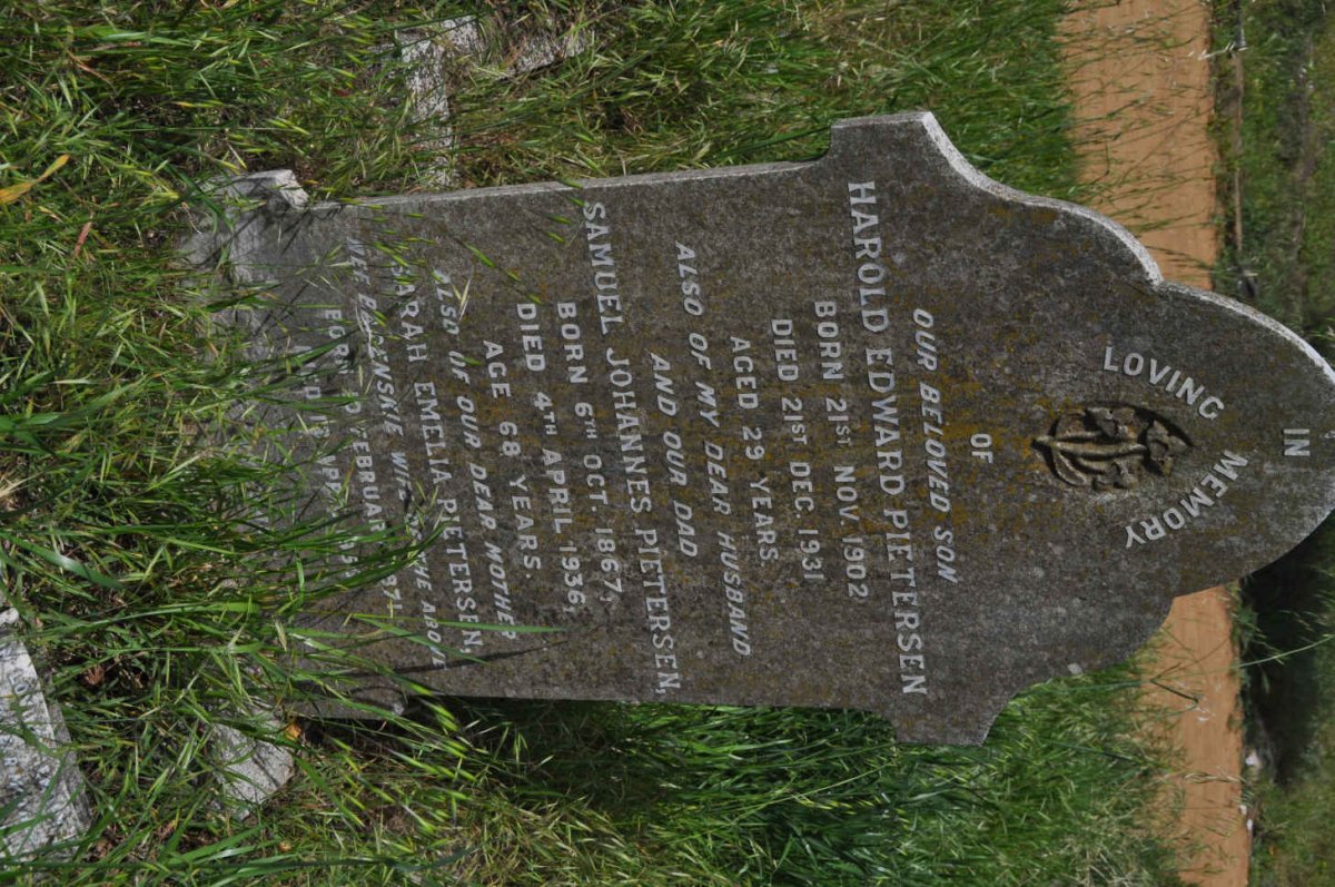 PIETERSEN Samuel Johannes 1867-1936 &amp; Sarah Emelia BARENSKIE 1871-1950 :: PIETERSEN Harold Edward 1902-1931