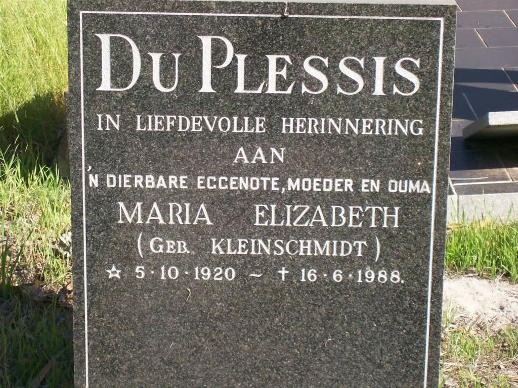 PLESSIS Maria Elizabeth_ du nee KLEINSCHMIDT 1920-1988
