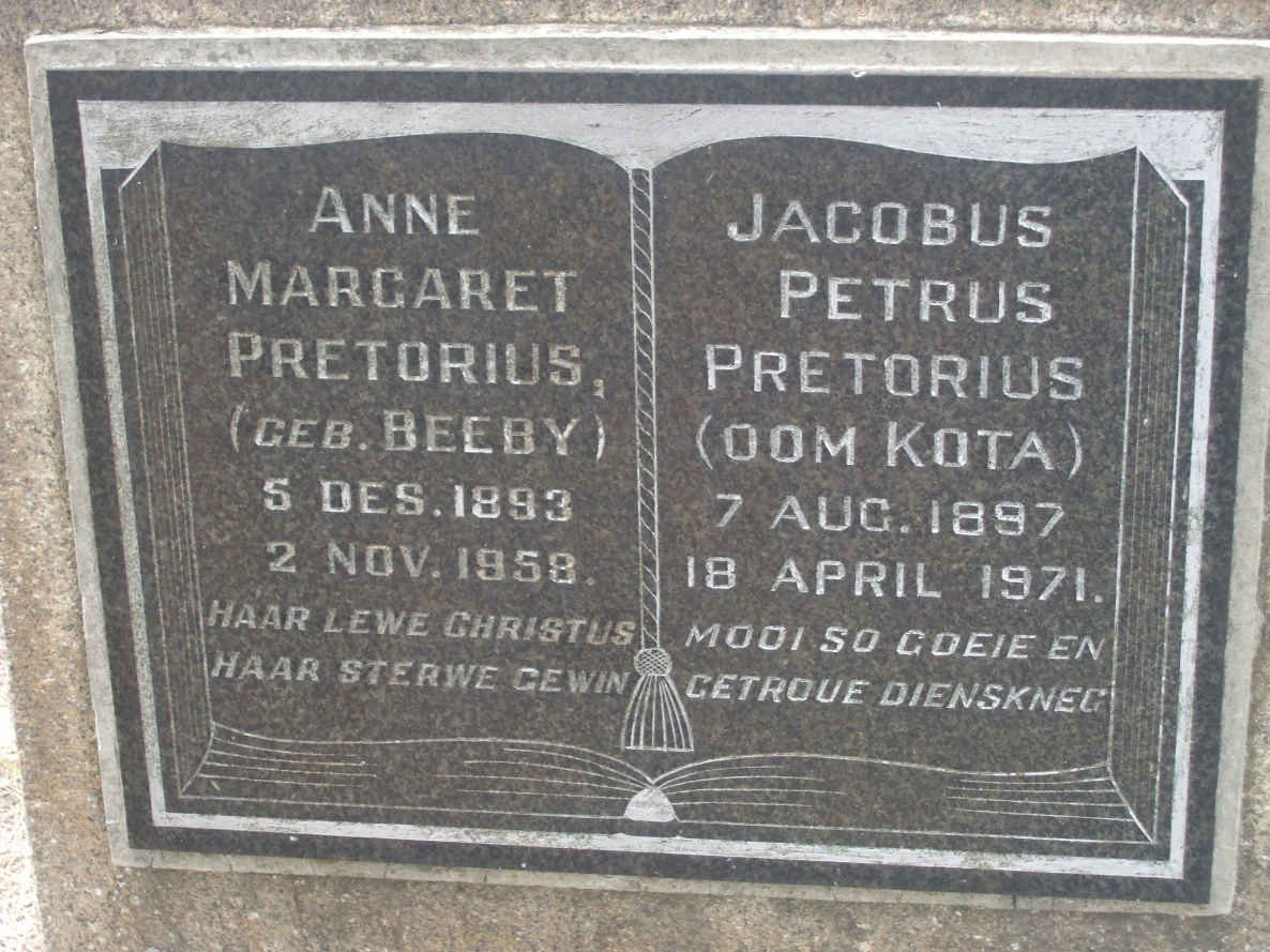 PRETORIUS Jacobus Petrus 1897-1971 &amp; Anne Margaret BEEBY 1893-1958